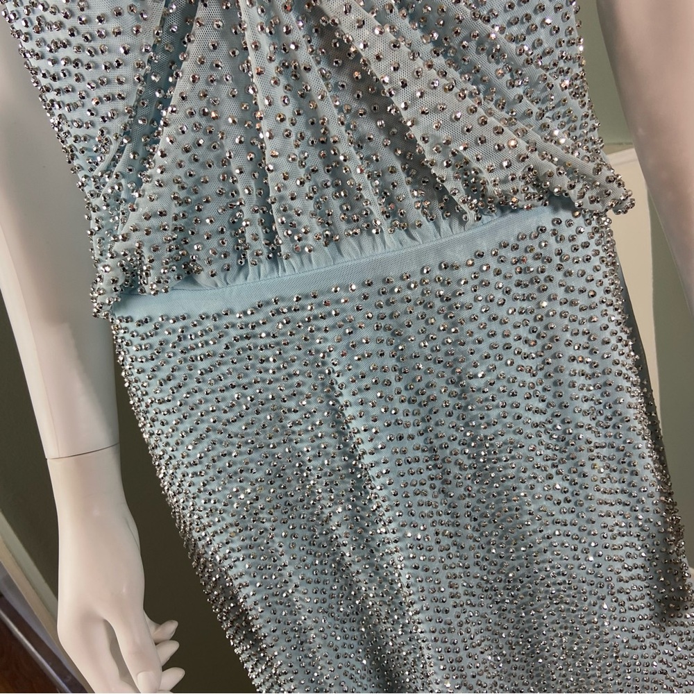 Xscape Light Blue Silver Metallic Beaded Cocktail Mini Dress Draped Size 10 - Picture 8 of 15